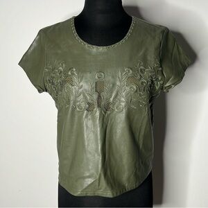 ROMEO & JULIET Couture Embroidered Faux Leather Olive Top Blouse Size L
